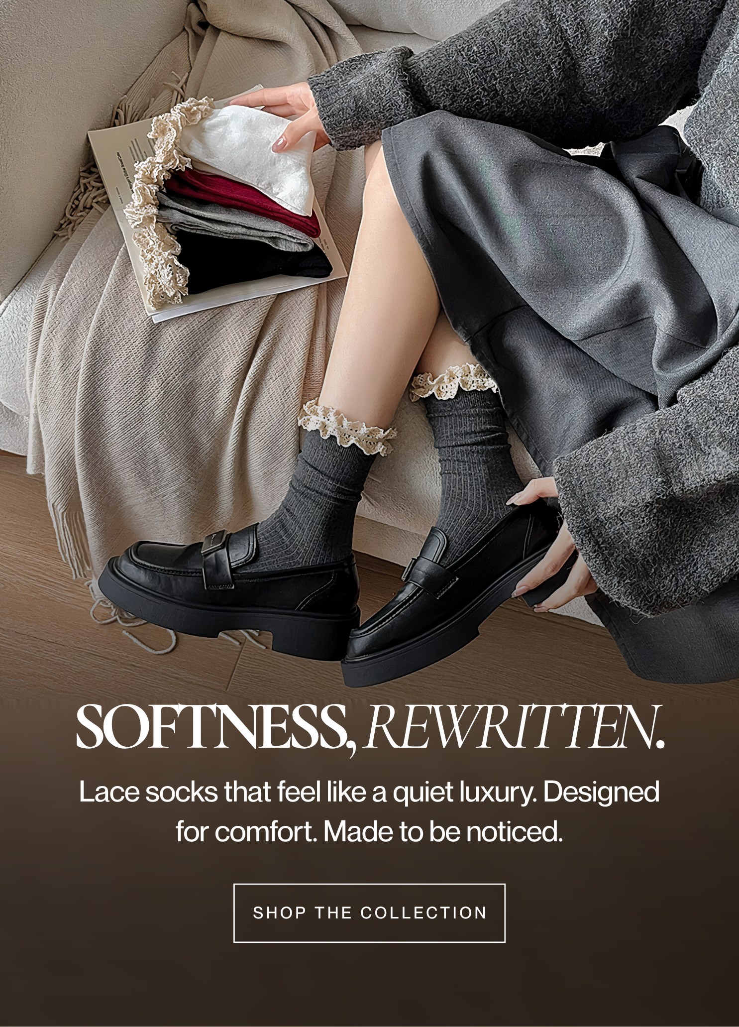 Person wearing lace socks with a book on a bed, promoting lace socks with a tagline.