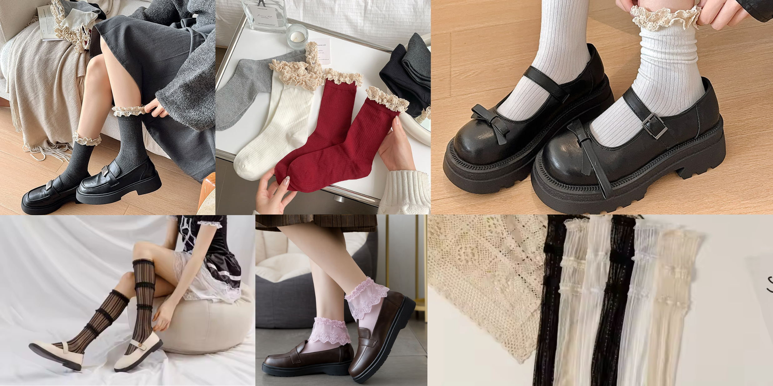 Collection of Y.loe lace socks in frilly, sheer, and ribbed styles — styled with classic shoes and presented in cozy, feminine settings.