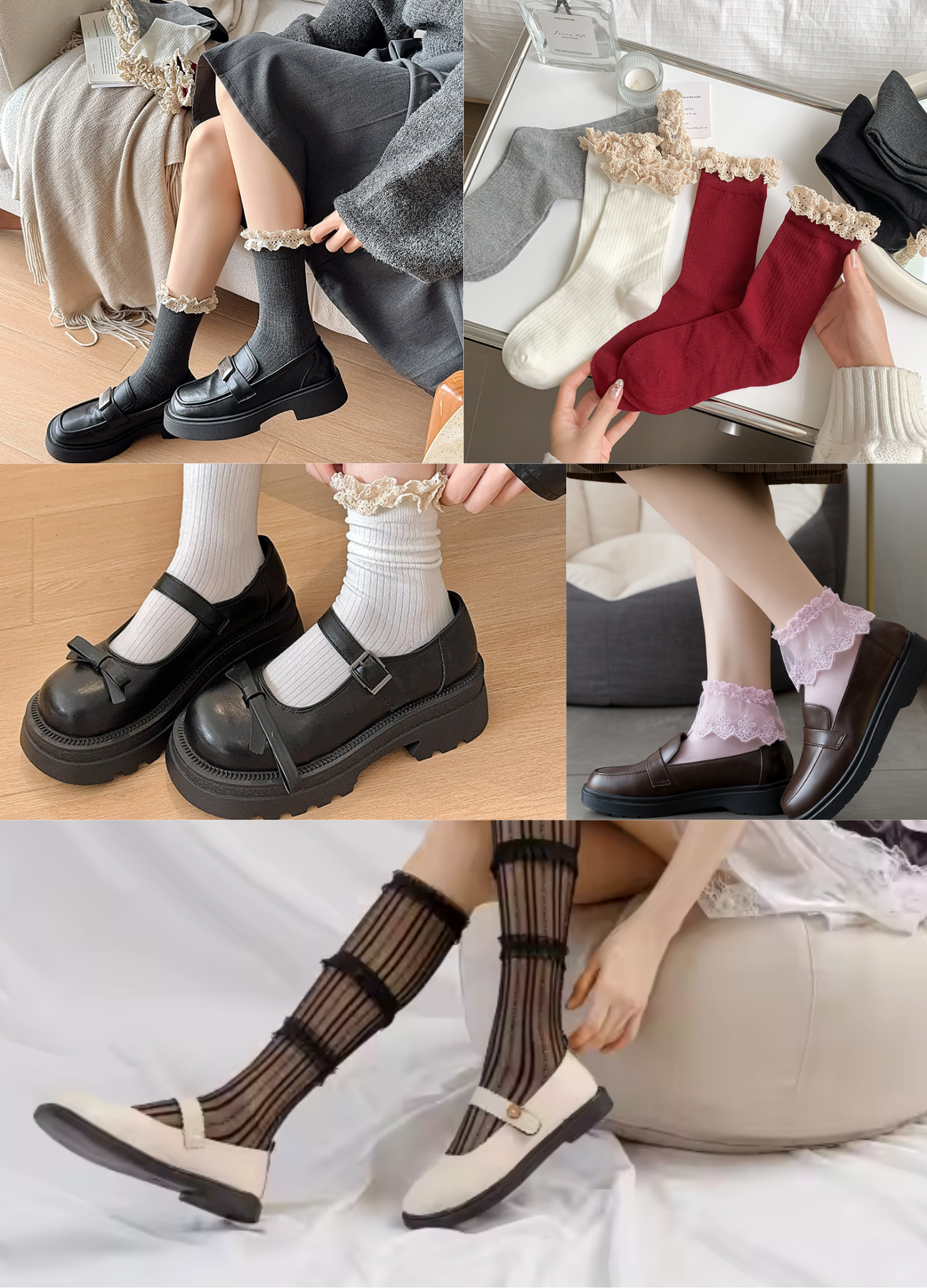 Collection of Y.loe lace socks in frilly, sheer, and ribbed styles — styled with classic shoes and presented in cozy, feminine settings.